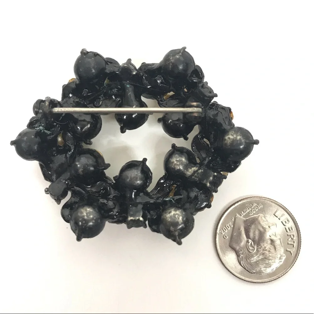 Vintage Rhinestone Brooch Flower Leaf Faux Pearl